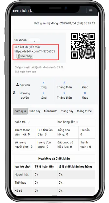 Bước 4: Kéo xuống phía cuối màn hình, hiển thị link đại lý. Copy và gửi cho khách hàng đăng ký tài khoản.